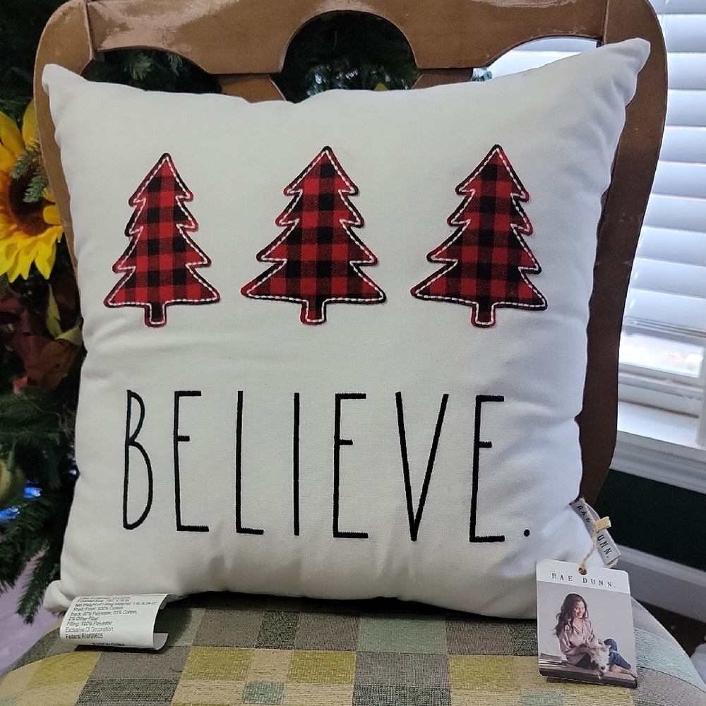 Rae Dunn Festive Believe Pillow with Red Plaid Trees